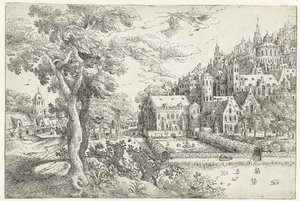 Landschap met stad tegen een heuvel