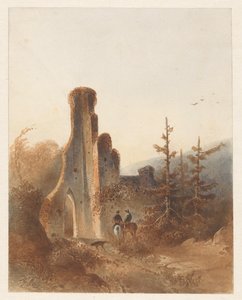 Landschap met twee ruiters bij een ruïne