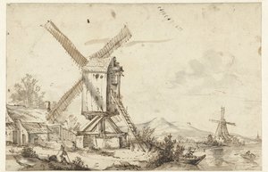 Landschap met twee windmolens door Anonymous