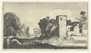 Landschap met vierkante toren bij huizen door Anonymous