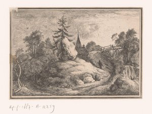 Landschap met waterval en een kerk door Anonymous