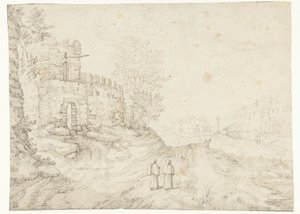 Landweg langs stadsmuur en klooster door Anonymous