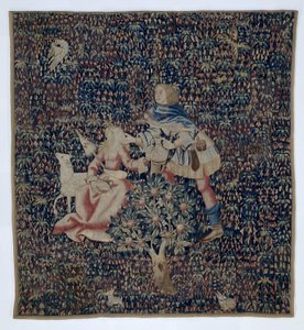 Millefleurs met herder en herderin (fragment) door Anonymous