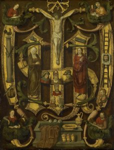 Monogram van Christus gecombineerd met instrumenten van de Passie