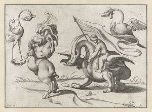 Monster met trompet en soort kraanvogel