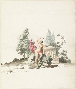 Naakte vrouw met een lauwerkrans bij een monument