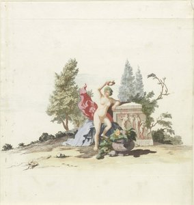 Naakte vrouw met een lauwerkrans bij een monument