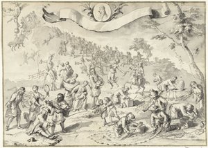 Ontwerptekening voor de prent Hebzucht probeert Fortuna in te halen, 1720 (Het Groote Tafereel der Dwaasheid) door Anonymous