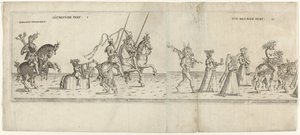 Optocht met verklede personages, waaronder ruiter Bernhart von Ahren, een ezel met een spit, Janus, Bacchus op een ezel en twee muzikanten (Die neunde Part I en II)