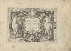 Ornamenteel cartouche met titel geflankeerd door paarden