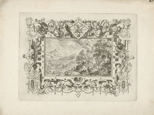 Ornamentomlijsting met rolwerk en figuren, waarin landschap met Venus en Adonis door Anonymous