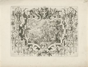 Ornamentomlijsting met rolwerk en figuren, waarin landschap met de Barmhartige Samaritaan door Anonymous