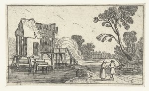 Pad langs een rivier met gebouwen op palen door Anonymous
