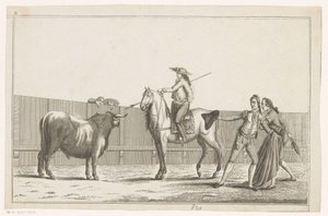 Picador richt zijn lans op een stier (Verzameling van de belangrijkste manoeuvres bij het stierenvechten)
