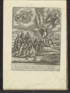Pius V, Filips II, Alvise I Mocenigo, Sebastiano Vernier, Marcantonio Colonna en Don Juan van Oostenrijk knielend voor het Geloof door Anonymous