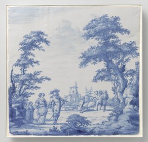 Plaat beschilderd met landschap met figuren