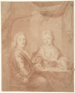 Portret van een man en vrouw aan een tafel door Anonymous