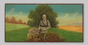 Portret van een onbekende militair in een geschilderd landschap