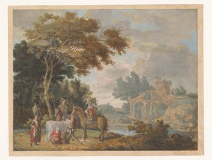 Reizigers en Landlieden in een Landschap met Antieke Ruïnes