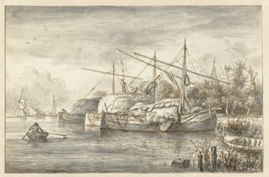 Rivierlandschap met enkele hooischepen door Anonymous