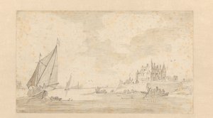 Rivierlandschap met kasteel door Anonymous