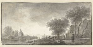 Rivierlandschap met vee en enkele huizen door Anonymous