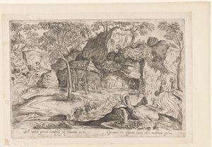 Rotsachtig landschap met dak op palen en rechts leeuw door Anonymous