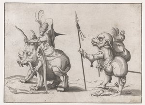 Ruiter op een olifantachtig monster (Groteske figuren omgeven door een kaderlijn) (series title)
