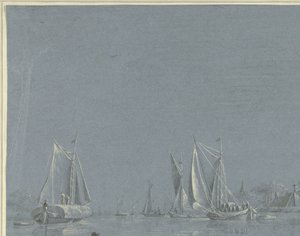 Schuiten op het water, op de voorgrond een roeibootje
