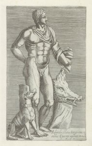 Sculptuur van Adonis met jachthond en kop van een everzwijn