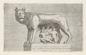 Sculptuur van de Lupa Capitolina die de tweeling Romulus en Remus zoogt