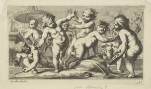 Spelende putti bij een fontein Spelende putti (serie titel)