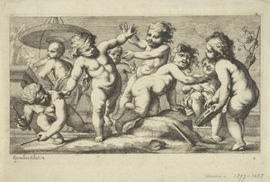 Spelende putti bij een fontein door Anonymous