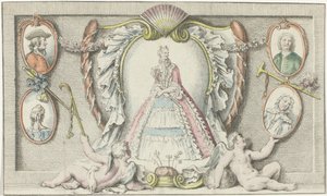 Staande vrouw, twee putti en vier medaillons