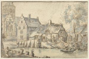 Stadsgezicht met een grote kerk door Anonymous