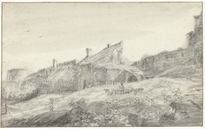 Stadsmuur met aangebouwde huizen door Anonymous