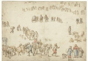 Studieblad met boerenwagens, vee, landlieden en ruiters door Anonymous