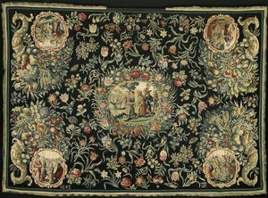 Tafelkleed met de geschiedenis van Jozef en een bloemenpatroon