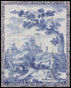 Tegeltableau met in blauw een landschap met mythologische voorstelling: Cyparissus verandert in een cypres