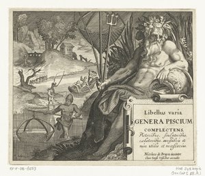 Titelprent met titel en riviergod met drietand en visnet in landschap met vissers door Anonymous
