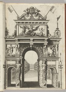 Triomfpoort met Ernst die Belgica redt van Discordia, 1594