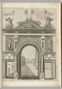 Triomfpoort met allegorische figuren en putti met de ketting van het orde van de Gulden Vlies, 1594 door Anonymous