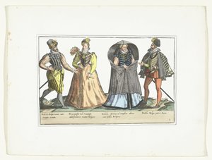 Twee mannen en twee vrouwen gekleed volgens de mode in de Nederlanden, ca. 1580