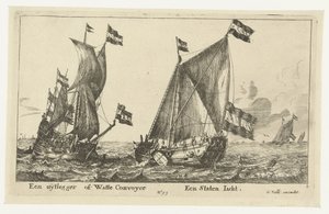 Twee schepen: een statenjacht en een uitlegger Een uitlegger of Watte Convoyer Een Staten Jacht