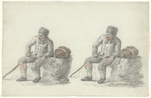 Twee studies van een zittende man langs de kant van de weg
