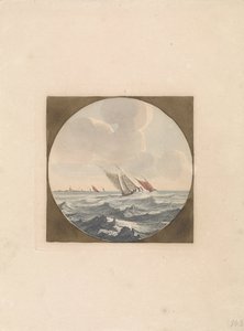 Twee zeilschepen op zee en een stad aan de kust Schepen op zee (serie B) (serie) door Anonymous