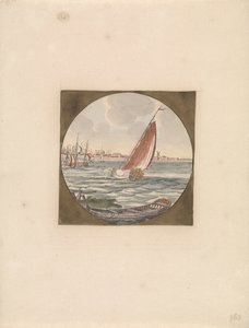 Varend zeilschip op zee en op de voorgrond een sloep