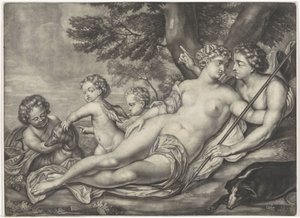 Venus weerhoudt Adonis van de jacht door Anonymous
