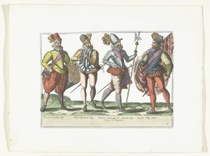 Vier Spaanse militairen in uniform, ca. 1580 door Anonymous
