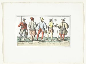 Vier boeren gekleed volgens de huidige mode en één naar de oude mode, ca. 1580
